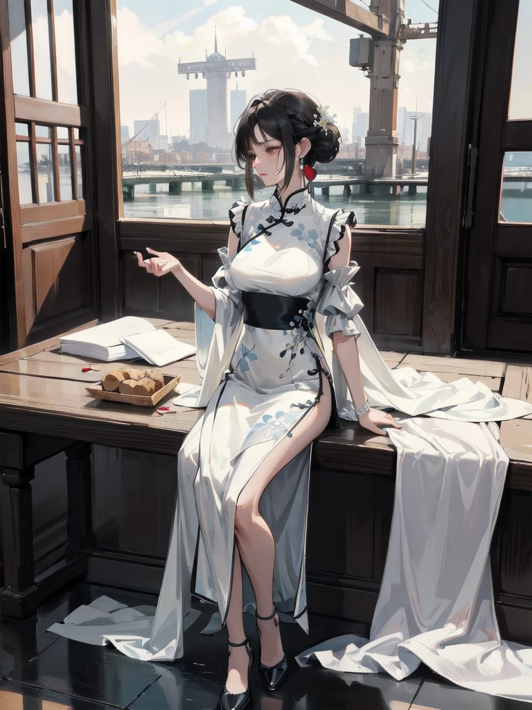absurdres, RAW photo, extremely delicate and beautiful, masterpiece, Best Quality, ultra high resolution, 32k, hyperrealistic, ultra-detailed, in her 20s, delicate facial features, tearful mole, earring, medium breasts, full body shot, shorter middle hair, black hair, cheongsam