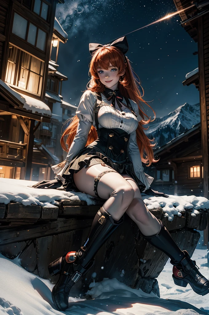 cowboy shot, (dynamic pose), smile,  underbust, Penny Polendina, long red hair, neck ribbon, suspender skirt, corset, black bow, white blouse, mechanical legs, neon trim, sitting, near ski lodge, BREAK night, stars, moon, snow, BREAK mountains in background, waterfall, crowd, ((crowd in military uniform)), bonfires (volumetric lighting), intricate details, tonemapping, sharp focus, hyper detailed

