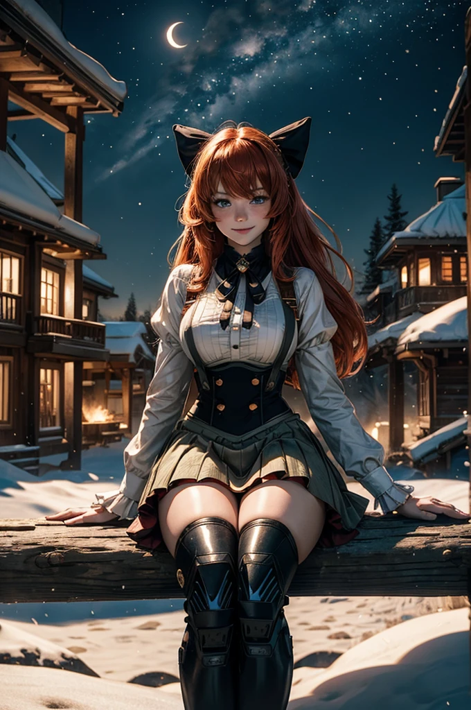 cowboy shot, (dynamic pose), smile, underbust, Penny Polendina, long red hair, neck ribbon, suspender skirt, corset, black bow, white blouse, mechanical legs, neon trim, sitting, near ski lodge, BREAK night, stars, moon, snow, BREAK mountains in background, waterfall, crowd, ((crowd in military uniform)), bonfires (volumetric lighting), intricate details, tonemapping, sharp focus, hyper detailed