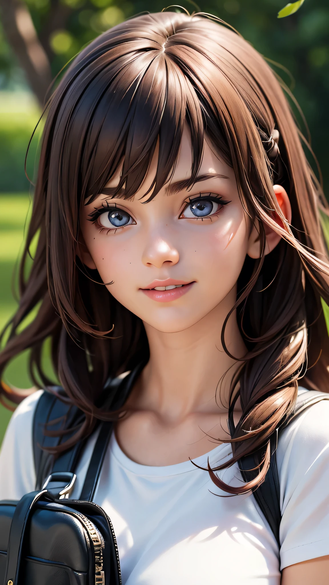 best quality, 4k, 8k, highres, masterpiece:1.2), ultra-detailed, (realistic, photorealistic, photo-realistic:1.37), playful, cartoon, student (girl), school bag, cute smile, white t shirt, outdoor, 3d rendering, beautiful detailed eyes, beautiful detailed lips, extremely detailed eyes and face, longeyelashes, colourful, soft lighting, lovely house, lively atmosphere