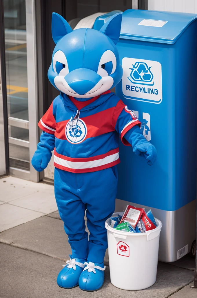 Recycling mascot , very blue with red details 