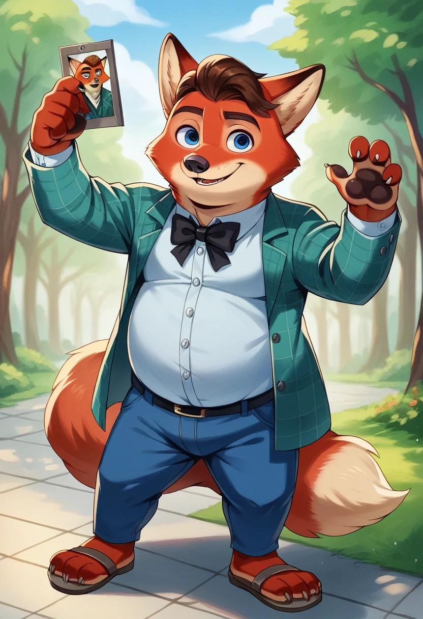 hyperrealistic art, furry portrait, bright colors, full body photography, full figure picture, masterpiece, Best quality, A high resolution, Brown hair,Gideon Gray blue eyes, (Zootopia, Cute, chubby, male fox, red fur, longer fur on the cheeks, side part of hairstyle, shorter muzzle) in casual clothes for adults, blue plaid shirt jacket,black bow tie, long pants, Sandals with heels,in the park, detailed beautiful paws with short claws, I'm watching a video on my smartphone, red light in his eyes, smiling, Berushi. detailed background, anatomically correct, 8 thousand., (wide dynamic range, dynamic angles and pose:1.2), spicy, concentrated, (prayer):1.23, (particle),(author:by Jackaloo)