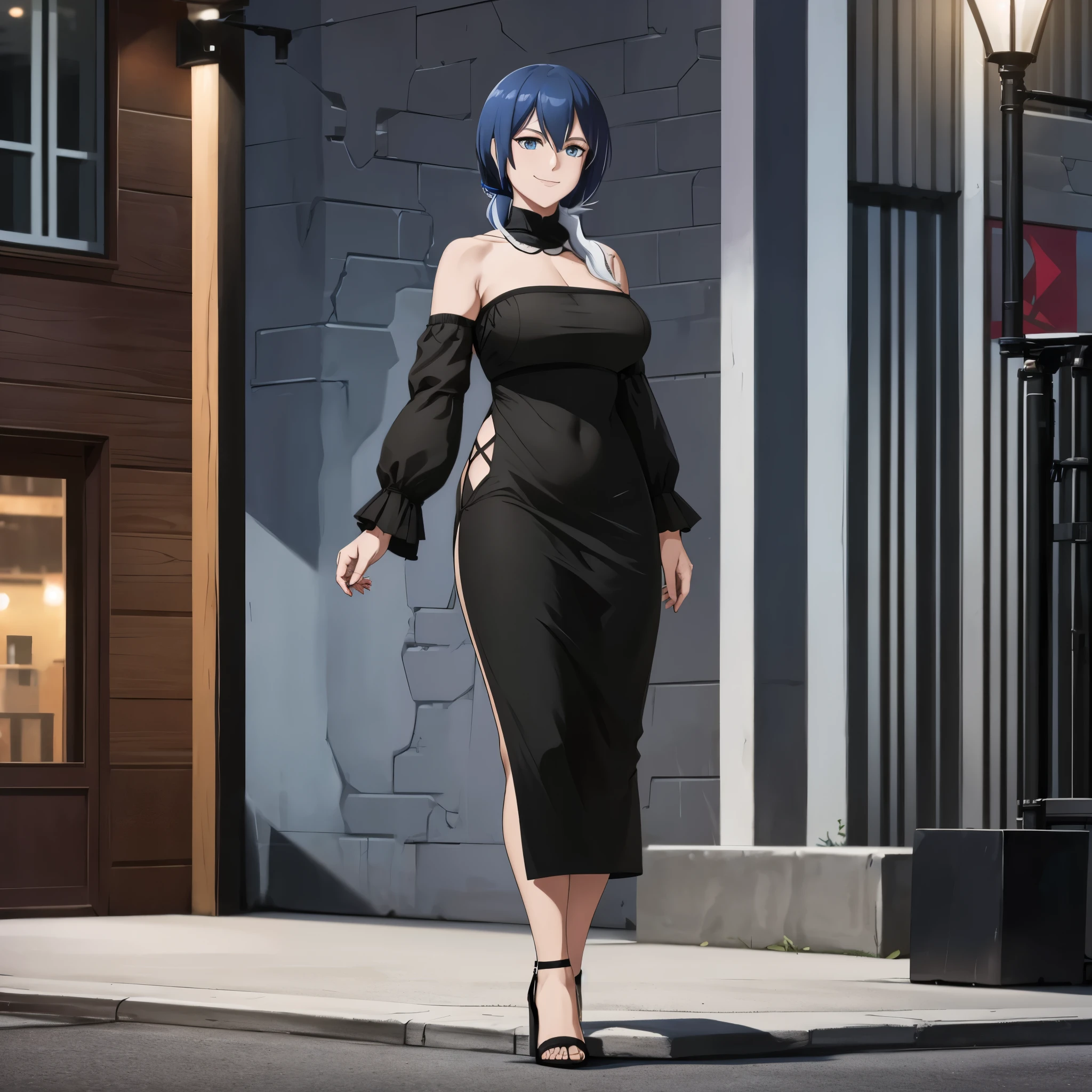 A woman wearing a black dress, sophisticated dress, exposed shoulder, exposed leg, black heels, blue hair, ponytail hair, blue eyes, smiling, big breasts, walking on a sidewalk in a parking lot of a luxury store, lighting place, at night, standing upright,(woman solo),
