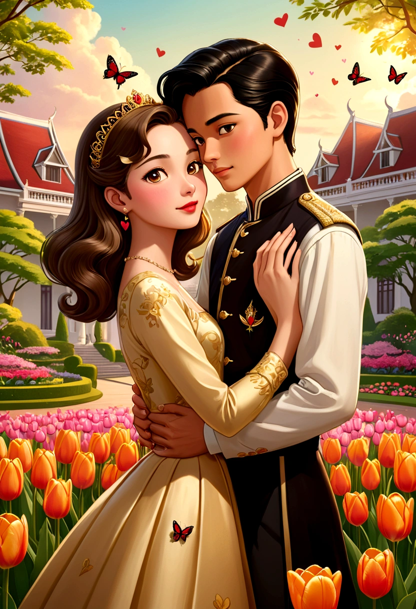 Name "The Loyal Pin" in an elegant gold colored 3D font. A captivating and sweet realistic anime-style illustration of two beautiful young women, Sarocha Chankimha (Lady Pin) and Rebeca P. Armstrong (Princess Anil), in love. Sarocha, with Asian features, long black hair and high society attire, is hugged with her forehead pressed to that of Rebeca, with British features, light brown hair and a 1950s princess dress. Together, they exude warmth and passion and love. deep. The background features a picturesque garden of a modern 1950s Thai style mansion palace, full of vibrant tulips, fluttering butterflies and hearts floating in the air, creating a romantic and charming atmosphere.