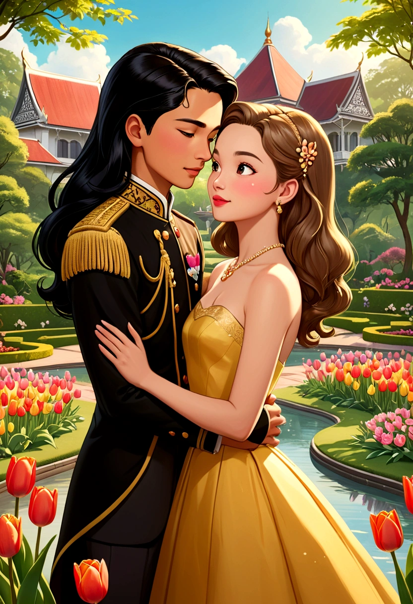 Name "The Loyal Pin" in an elegant gold colored 3D font. A captivating and sweet realistic anime-style illustration of two beautiful young women, Sarocha Chankimha (Lady Pin) and Rebeca P. Armstrong (Princess Anil), in love. Sarocha, with Asian features, long black hair and high society attire, is hugged with her forehead pressed to that of Rebeca, with British features, light brown hair and a 1950s princess dress. Together, they exude warmth and passion and love. deep. The background features a picturesque garden of a modern 1950s Thai style mansion palace, full of vibrant tulips, fluttering butterflies and hearts floating in the air, creating a romantic and charming atmosphere.