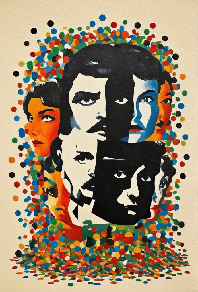 The black and white invaders who burst out of the wall with half their bodies turned into colorful cartoon confetti people. Fantasy, science fiction, low polygon, cubism and Paper Cuttings were created by Charles and Ray Eames,in style of Cubism, beautiful detailed with the words “OMEDI 11” written across 