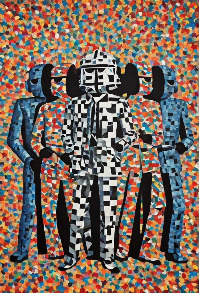 The black and white invaders who burst out of the wall with half their bodies turned into colorful cartoon confetti people. Fantasy, science fiction, low polygon, cubism and Paper Cuttings were created by Charles and Ray Eames,in style of Cubism, beautiful detailed with the words “OMEDI 11” written across