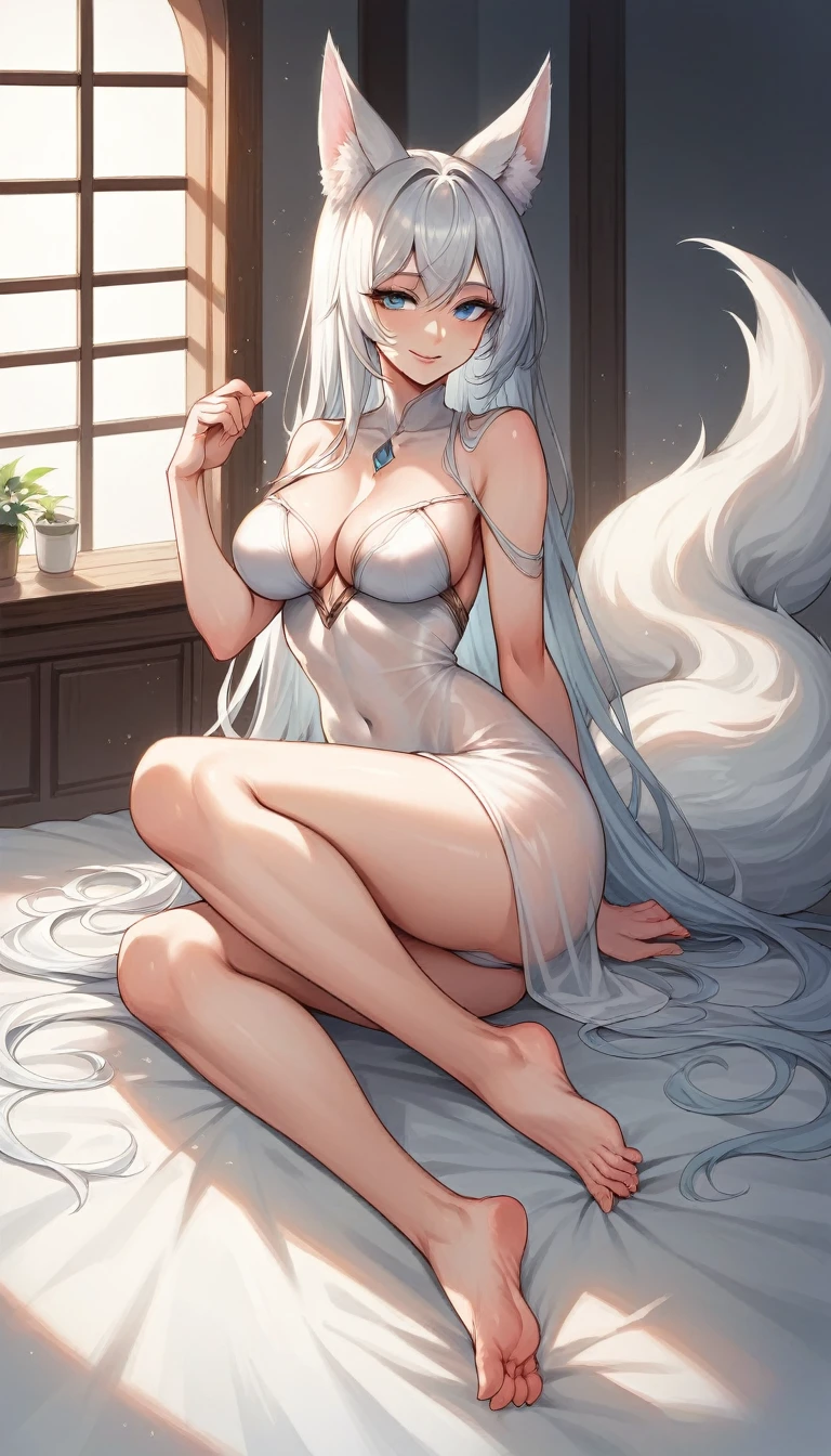 high detail, super detail, super high resolution, high quality. Extremely sexy and beautiful girl, with a beautiful face, wide and beautiful lips, lascivious smile, White skin, blue eyes, curvy body, beautiful feet and thighs, long white hair, white fox ears and fox tail, short dress, transparent dress, shows a lot of skin, It's low-cut. sitting, showing legs, crossed legs, showing feet. barefoot, feet on camera, big breasts, correct pie anatomy, foot anatomy, sexy pie, pies, Detailed feet, correct pie anatomy, detailed thighs, detailed curves, detailed breasts and body. very wet, wet clothes, clothing fabric marking your body more.