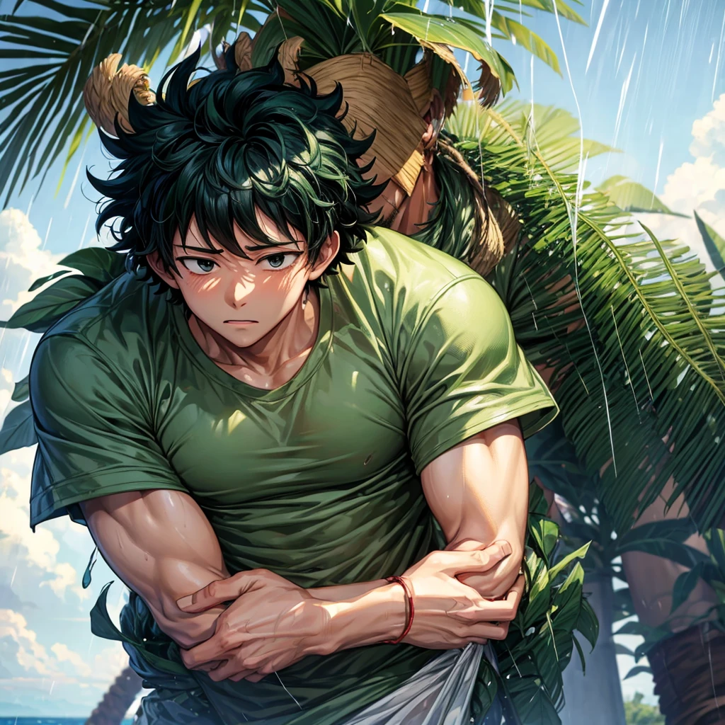Izuku clinging to a palm tree while there is strong wind and rain
