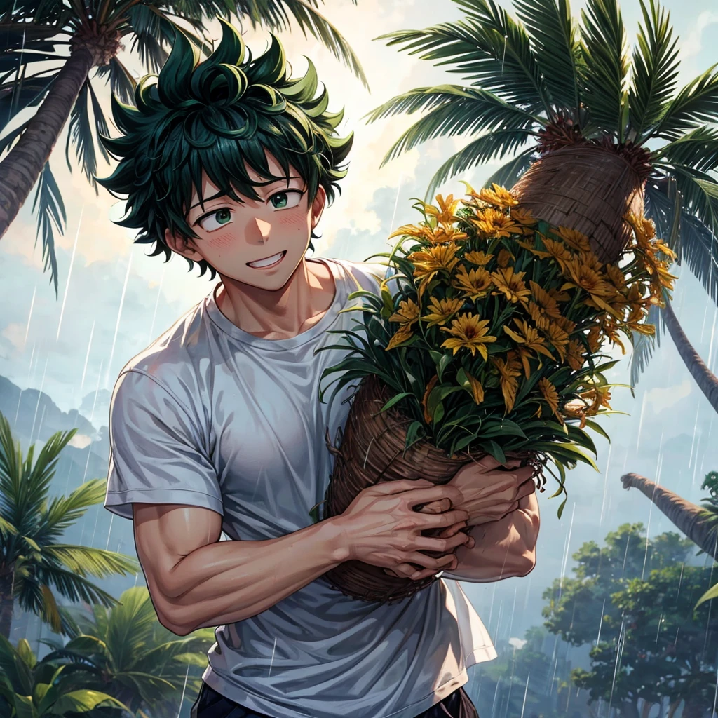 Izuku clinging to a palm tree while there is strong wind and rain