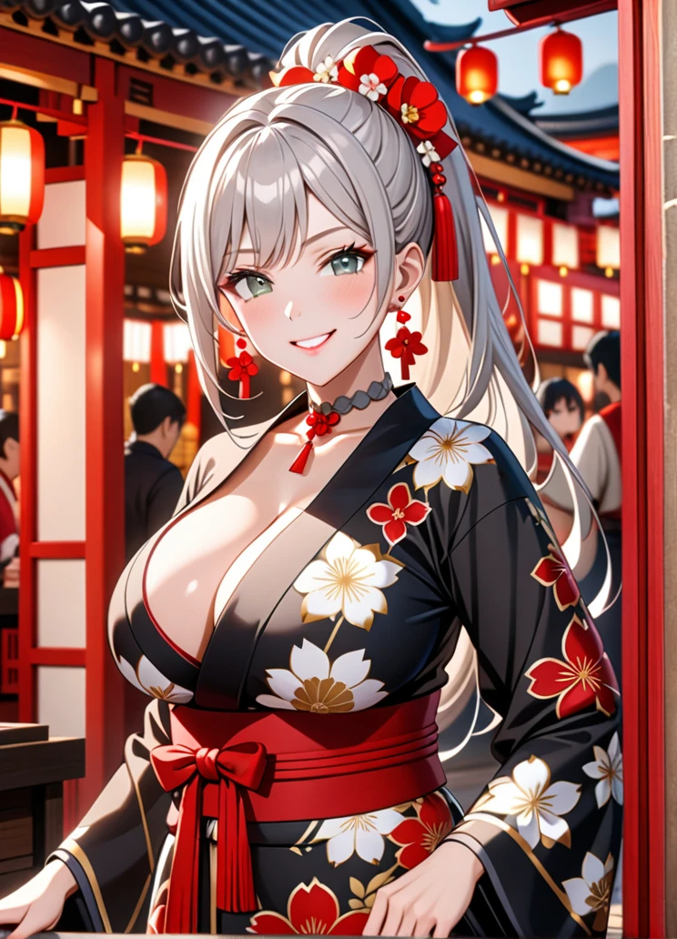 ultra-detailed, ((one girl)), hyper detailed, absurdres, 8K,Cute face, (Laugh shyly), ((teasing smile:1.8)), ((Wink:1.8)), (Laugh with your mouth wide open:1.3),(Tilt your head:1.3), View your viewers, ((Bright red cheeks:1.6)),Glossy Red Lips, ((Big Breasts:1.5)) night, Shrine festival stalls, (Brighten your face), ((Anime style background)),masterpiece, Highest quality, so beautiful,Latest, Complex details, (Pink long nails), (nail art), (ring),(bracelet), (Floral Choker),AI-generated, Complex,High resolution, Highest quality, super high quality,3D Images、3D Images,One person,Long white hair,(High Ponytail), Anime woman posing for a photo,((blue eyes:1.1)), (beautiful eyes), ((Fine grain、Grey Eyes、glistening eyes:1.5)), (Squint your eyes:1.1),a hyperRealistic , hyperRealistic , Realistic,Anime woman with long white hair, Smooth anime CG art, With gold embroidery、A girl in a gorgeous kimono, ((Black long sleeve kimono:1.3)),(Red large floral pattern) ,Long flower hair ornament,Floral Earrings,Mature Body, expensive,Abdominal muscles,Tight waist,((Zoom in on face:2.1)),(from above),