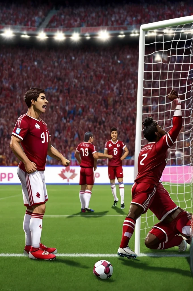 The vinotinto team scoring a goal with players of different races and very muscular and the Canadian team sad because they scored a goal