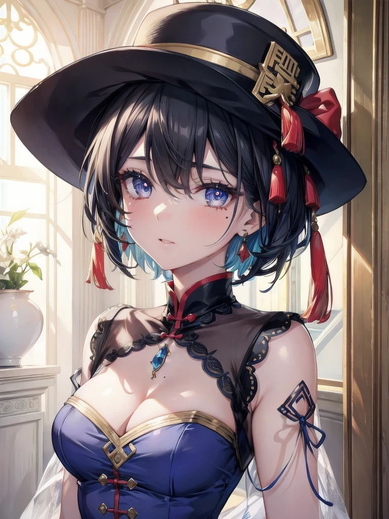 absurdres, RAW photo, extremely delicate and beautiful, masterpiece, Best Quality, ultra high resolution, 32k, hyperrealistic, ultra-detailed, in her 20s, delicate facial features, beautiful detailed girl, extremely detailed eyes and face, beautiful detailed eyes, tearful mole, earring, medium breasts, full body shot, shorter middle hair, black hair, jiangshi costume, hat, blue dress,