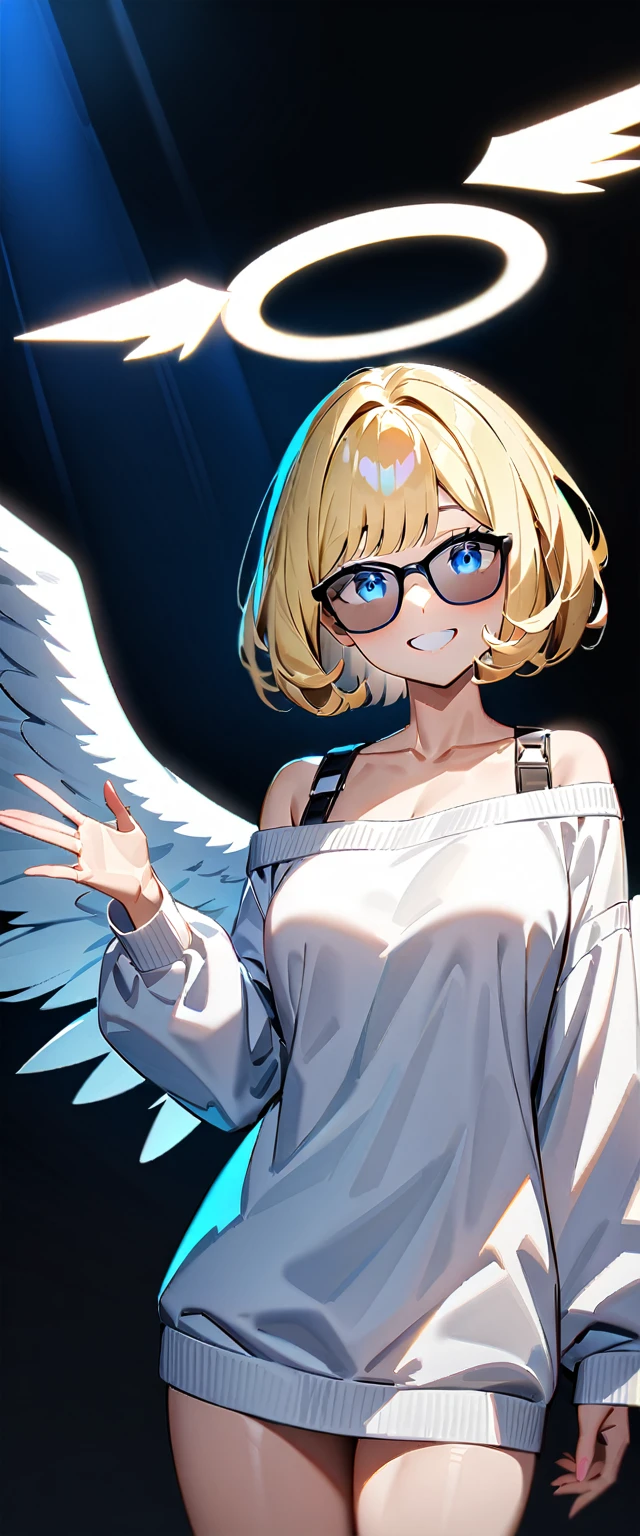 ((flying in the sky)), ((angel, big big white wings:1.3, halo:1.3)), ((sky)), (((sunglasses, hand to sunglasses))), (((cowboy shot))), archangel Uriel, ((wavy hair, outward curled hair)), evening, Sunset, ((blond hair, bob cut:1.3)), breasts, teenager, (looking at viewer), oversized clothes, puffy long sleeves, collarbone, ((off-shoulder sweater:1.3, Quite thick shoulder straps)), ((white sweater)), collarbone, head tilt:1.3, (((blue eyes))), ((happy smile)), (((anime style))), (best quality, 4K, 8K, highres, masterpiece:1.2, ultra-detailed, ultra-detailed eyes, HDR, uhd, studio lighting, ultra-fine painting, sharp focus, physically-based rendering, extreme detail description, professional, vivid colors, bokeh)