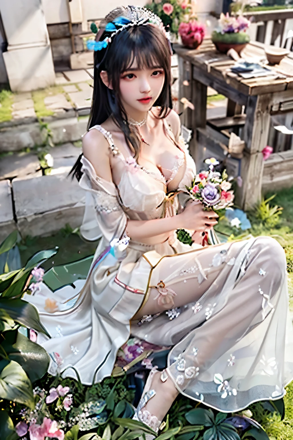 (8k, RAW photo:1.2), best quality, ultra high res,dramatic angle,(fluttered detailed color splashs), (illustration),(((1 girl))),(long hair),(rain:0.9), (Headdress:1.4),There is an ancient palace beside the girl,Hanfu,(Key Points),Color ink painting,(Splash of Color),Splash of Color,(((colorful))),(sketch:0.8) , Masterpiece, best quality, beautiful painted, highly detailed,(denoising:0.6),[splash ink],((ink refraction)), (beautiful detailed sky),moon,highly,detaild,(masterpiece, best quality, extremely detailed） CG Unity 8k Wallpaper，masterpiece，best quality，Ultra Detailed），（Lycoris）.shoulder ballet dress open V-chested clothes Thin silk lace dress short skirt , (huge ，cleavage),, white pink, blue ，best qualtiy，tmasterpiece，Ultra-high resolution，（Reality：1.4），RAW photogr，（True skin texture：1.3），（filmgrain：1.3），（Selfie angle），1个Giant Breast Girl，Beautiful eye and face details，tmasterpiece，Best quality at best，，The chest more exposed， detailed hair, bra pink purple , detail 8k, full body, lace petticoat, fan handle