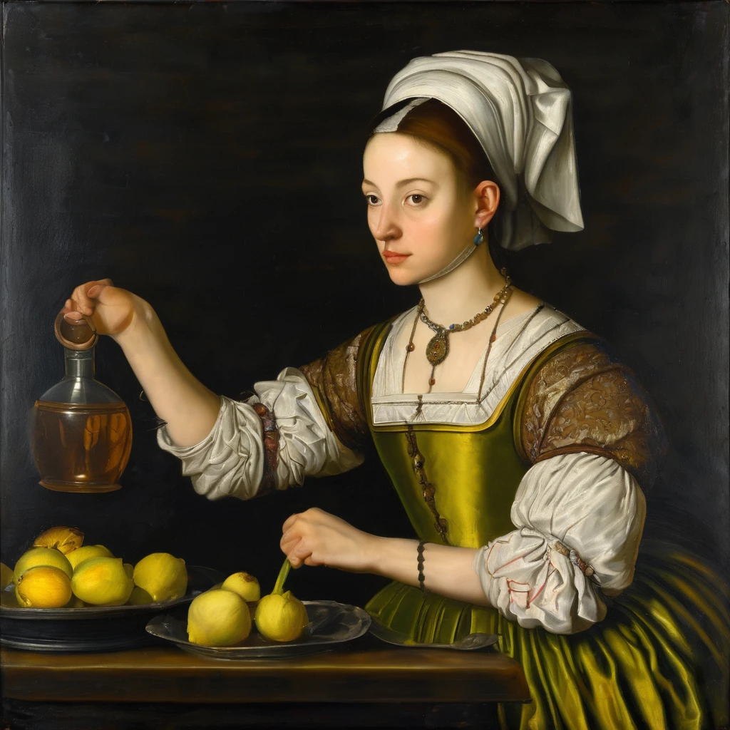 Oil painting, 16th century, servant girl