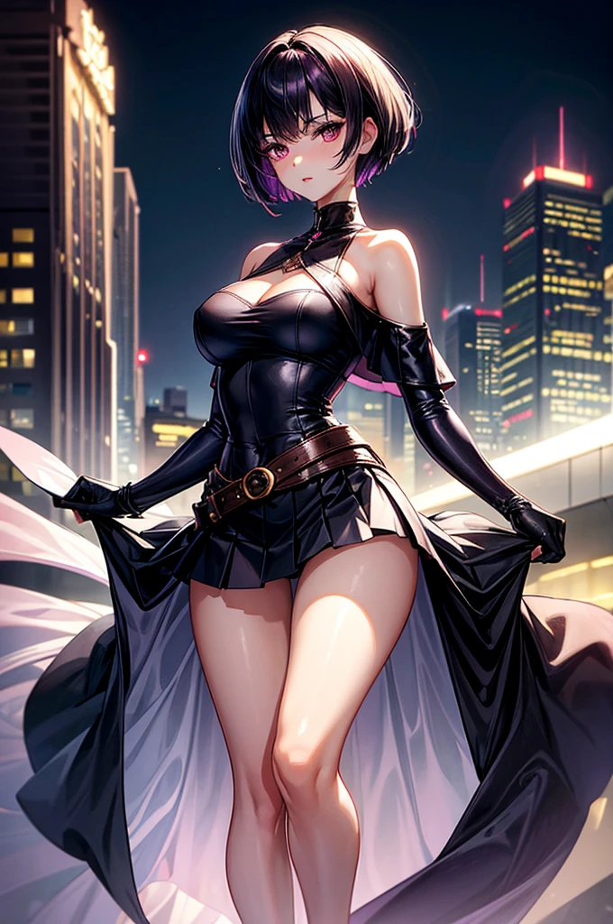 masterpiece, best quality, distinct image, 1 girl, 16 year old teenager, off shoulder elegant and stylish crop blouse, pleated skirt held tightly by a belt, solo. sharp facial features, oval shaped face, cherry pink lip, lightly tanned white skin, velvet-colored eyes, tall height(175cm), slim yet chiseled body-type, dark violet-black hair, short pixie cut hairstyle, long and slender legs, curvy wide hips stretching the dress, full body image, nightlife city background, overlooking the horizon
