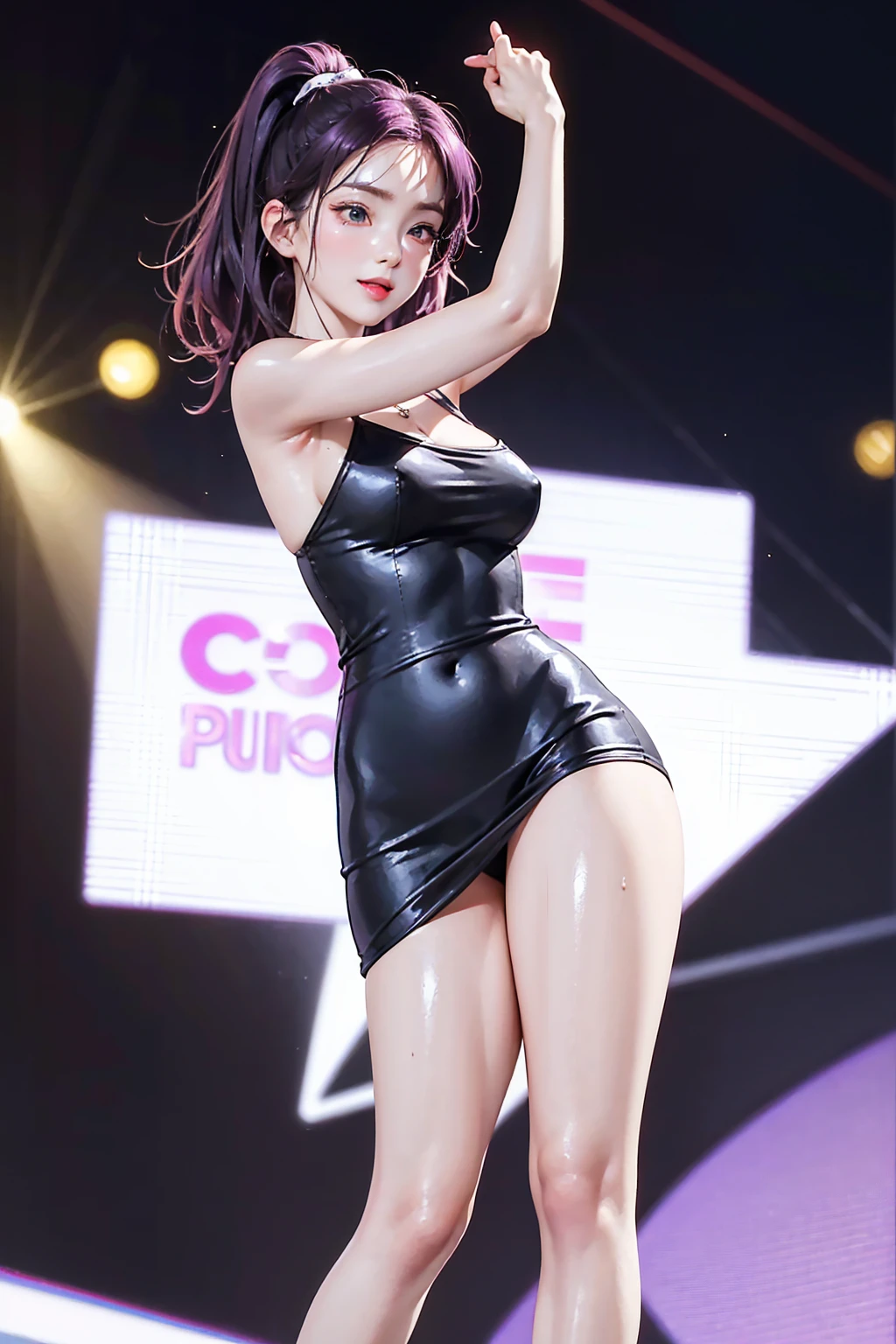 (Finest quality)),(A high resolution),(ultra-detailed art),(Meticulous portrayal),((Best Anime)),(Finest works of art),sharpness,Clear,Ultra-Precision Art,The art of astounding depiction,(masterpiece), high quality, stable diffusion, 

short Hair, short ponytail, purple hair, vibrant purple hair, extremely detailed hair, detailed bangs, with bangs, 
black hair, blonde hair, red hair,
pretty face, beautiful lips, soft lips,pretty face, close up face, gorgeous beauty, 
green eyes,
serious face, pretty nose, beautiful nose, perfect nose, pretty eyes, beautiful eyes, sparkling eyes, detailed eyes, perfect eyes, looking at the camera,

happy, jolly, smiling, seductive, blushing, bukake, happy face, jolly face, excited face,


clear skin,white skin, soft skin, small bust, small breasts, smooth skin, 
beautiful girl irene, red velvet irene, 

expose shoulders, perfect body, detailed thighs, detailed legs, perfect hands, perfect arms, detailed hands, detailed breasts, detailed nose, detailed lips, detailed arms, sexy body, 


show tongue, sexy legs, sexy tongue, drooling, 
show whole body, 
pretty woman,sweaty face, sexy, seductive, horny, pointy nipples,

cute female wearing black mini tube dress, wearing silk black mini tube dress, silver necklace, mini tube dress, black mini tube dress, tube dress, strapless dress,

body details,
standing full body, full body image from head to toe, sexy model pose, raised arms, hands up,
show legs, cute standing female, horny female dancer idol, 

show feet, cute standing pose, spread legs, black sandals,

