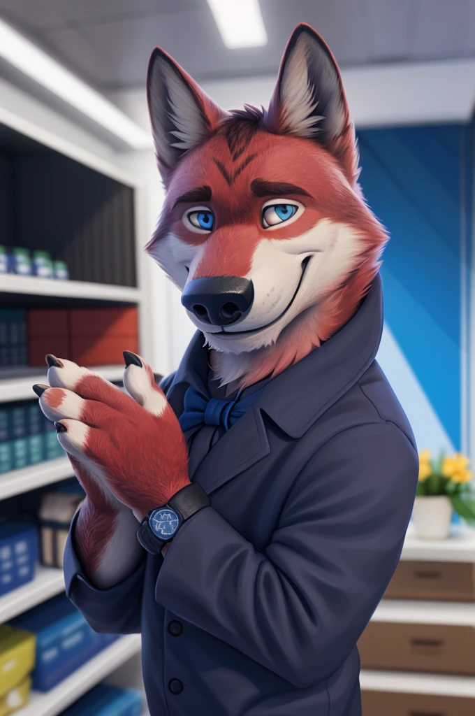 Ivan Fedorovich Wolfbach (Novosibirsk) ,tall handsome, wolf,young, 24 years, brown fur,Kind,(red body:1.3),beautiful blue eyes,Novosibirsk,dressed,black shirt, blue and black striped bow tie, trousers,canine, wolf, detailed fur, male, antro, paw pads, finger claws,At the viewer, 5 fingers, paws, 5 fingers, smile, wrist watch, т nextel,by xenoforge, (difficult, high detail, digital photography, soft focus, RAW variety театр,Very close to the camera, variety,Novosibirsk, smile, good mood, positive, Very close to the camera,black shirt белый галстук бабочка, viewers love him,
Photorealism, realistic, photorealistic, digital style, Subsurface scattering,I look at the viewer, in the shop, chooses flowers for mom,
masterpiece, Best quality, ultra realistic, 8 k)