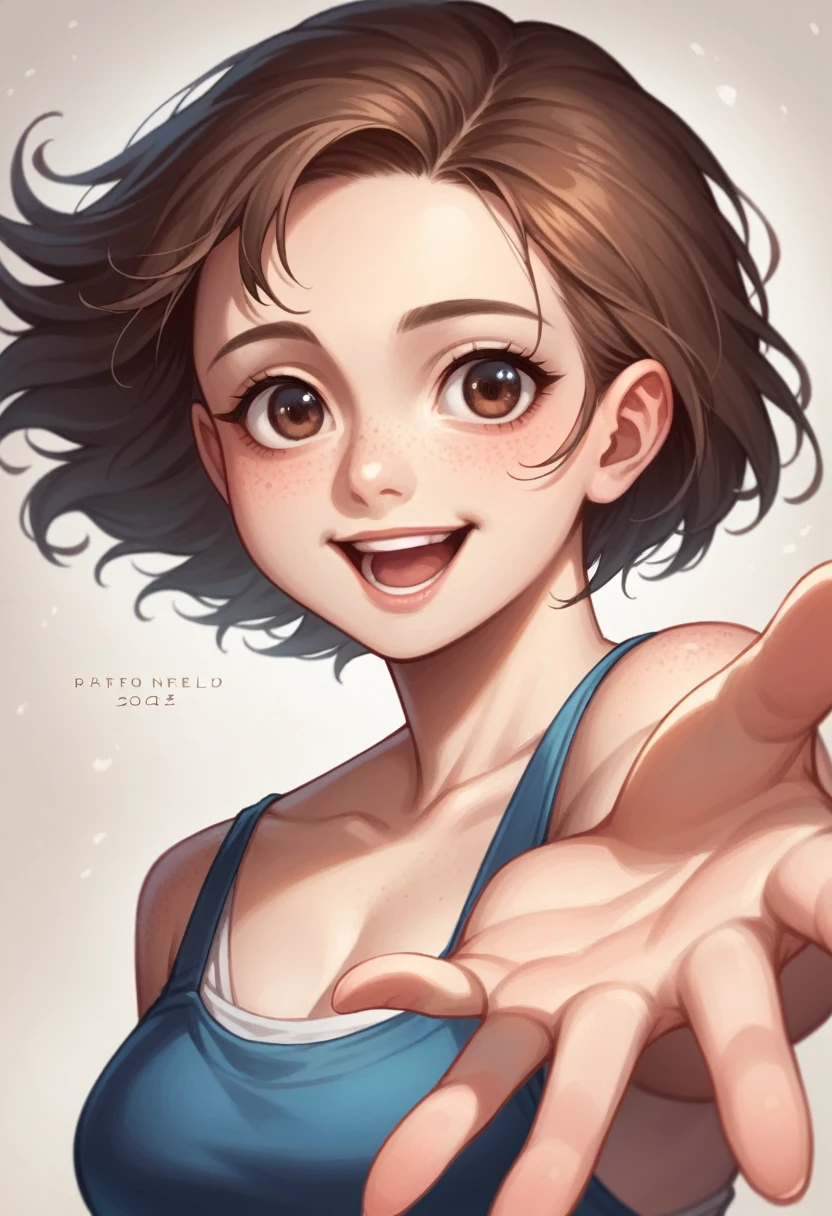 Illustration, detailed illustration, dynamic angle, ultra detailed, best quality, 1girl, 30 year old woman, beautiful, short brown hair, big brown eyes, light freckles, dancing, empty background, starfield in background, happy, reaching for the viewer, looking at viewer