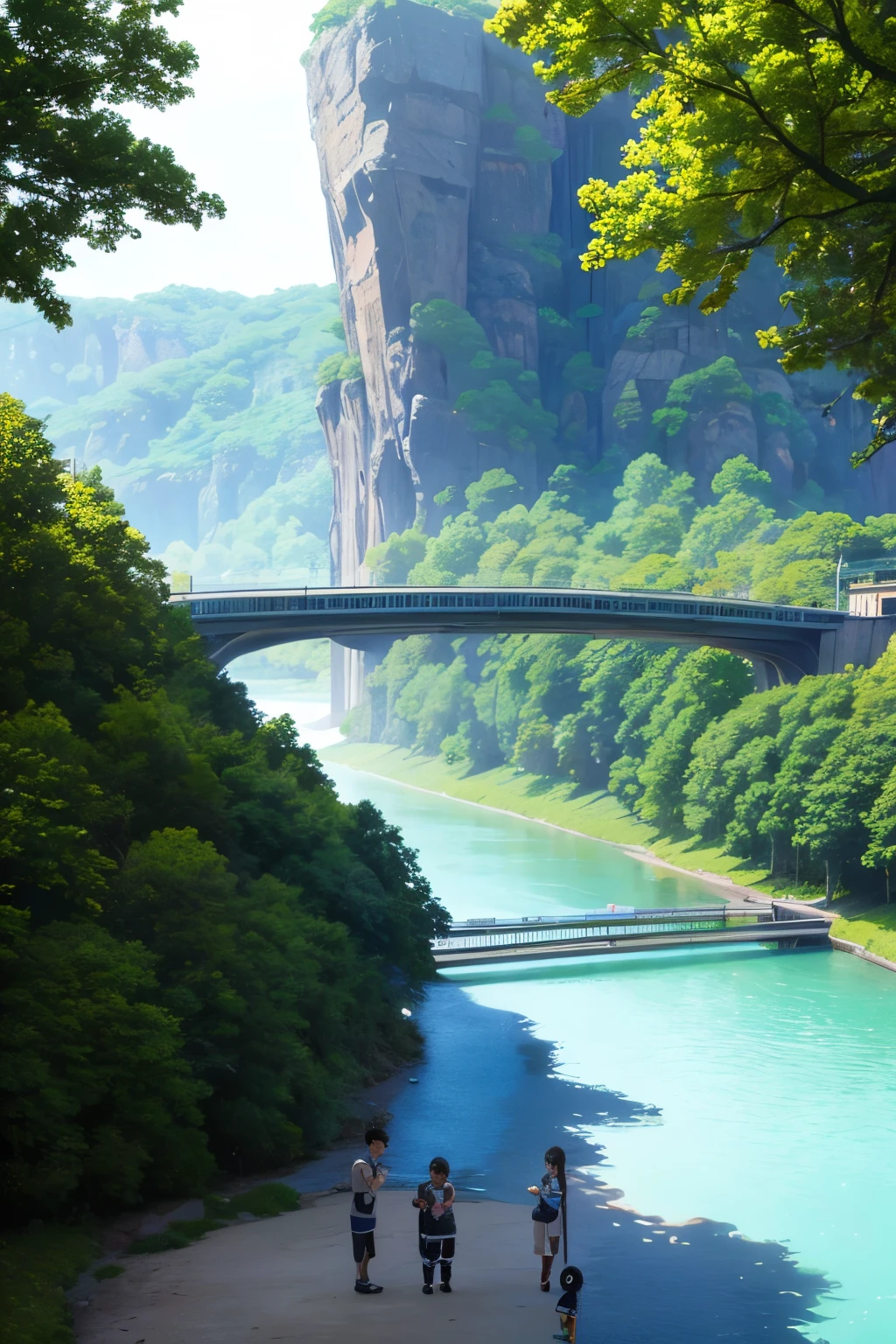 ufotable concept art, masterpiece, league of pokemon trainers and kids celebrating a tournament win, 8k, 4k, highly detailed, beautiful sunny day, river in background near futuristic gymnasium, by ufotable, by fate series