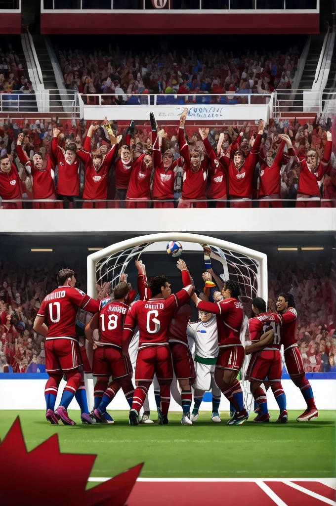 The vinotinto team scoring a goal with players of different races and very muscular and the Canadian team sad because they scored a goal