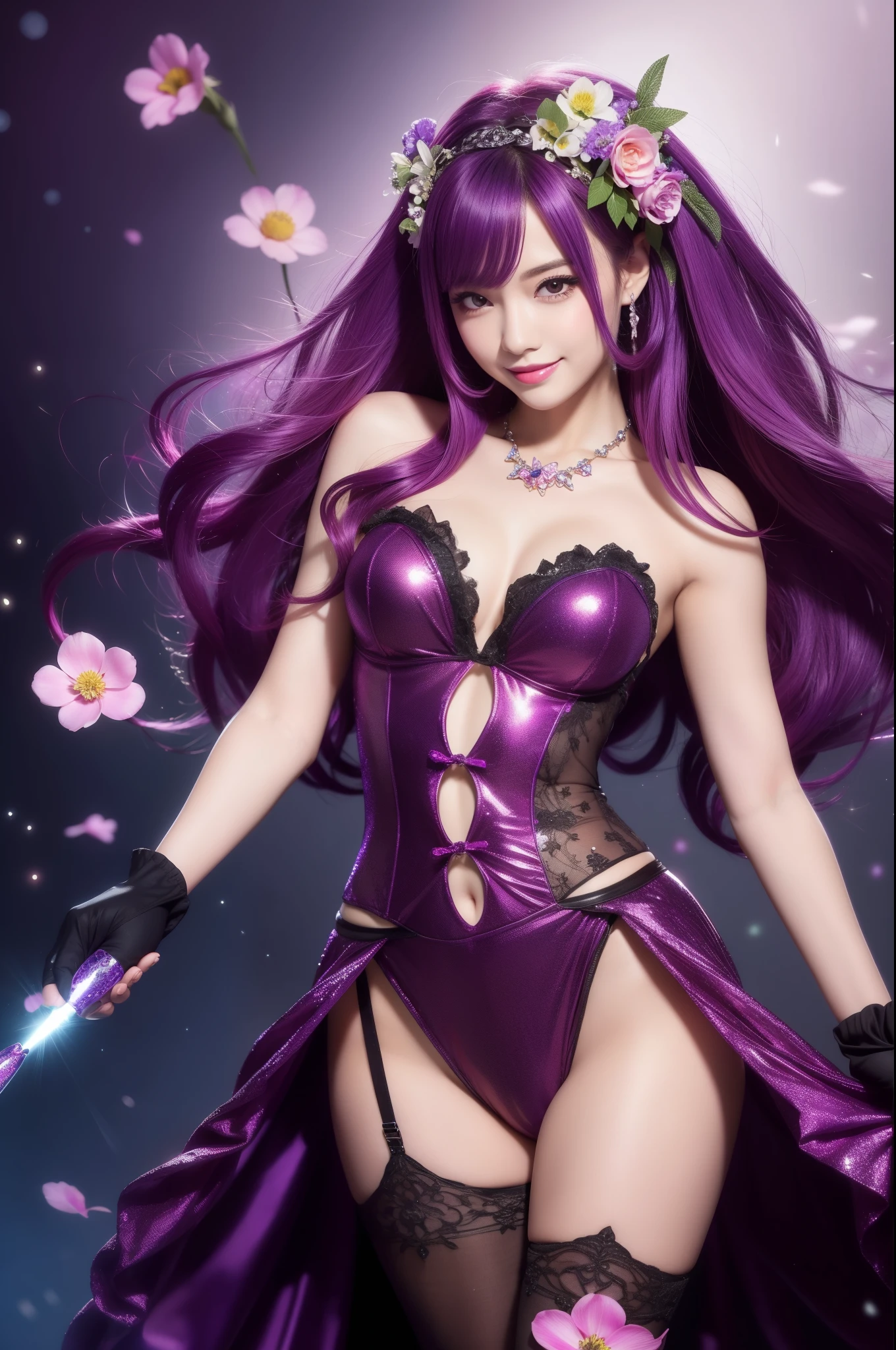 beautiful sexy woman who controls poison、beautiful smile、lipgloss、professional makeup、full body Esbian、、sparkling poisoned flower costume、、、、sparkling Colorful hair、secrete poison、skull hair accessories schnet tights、flowers background
