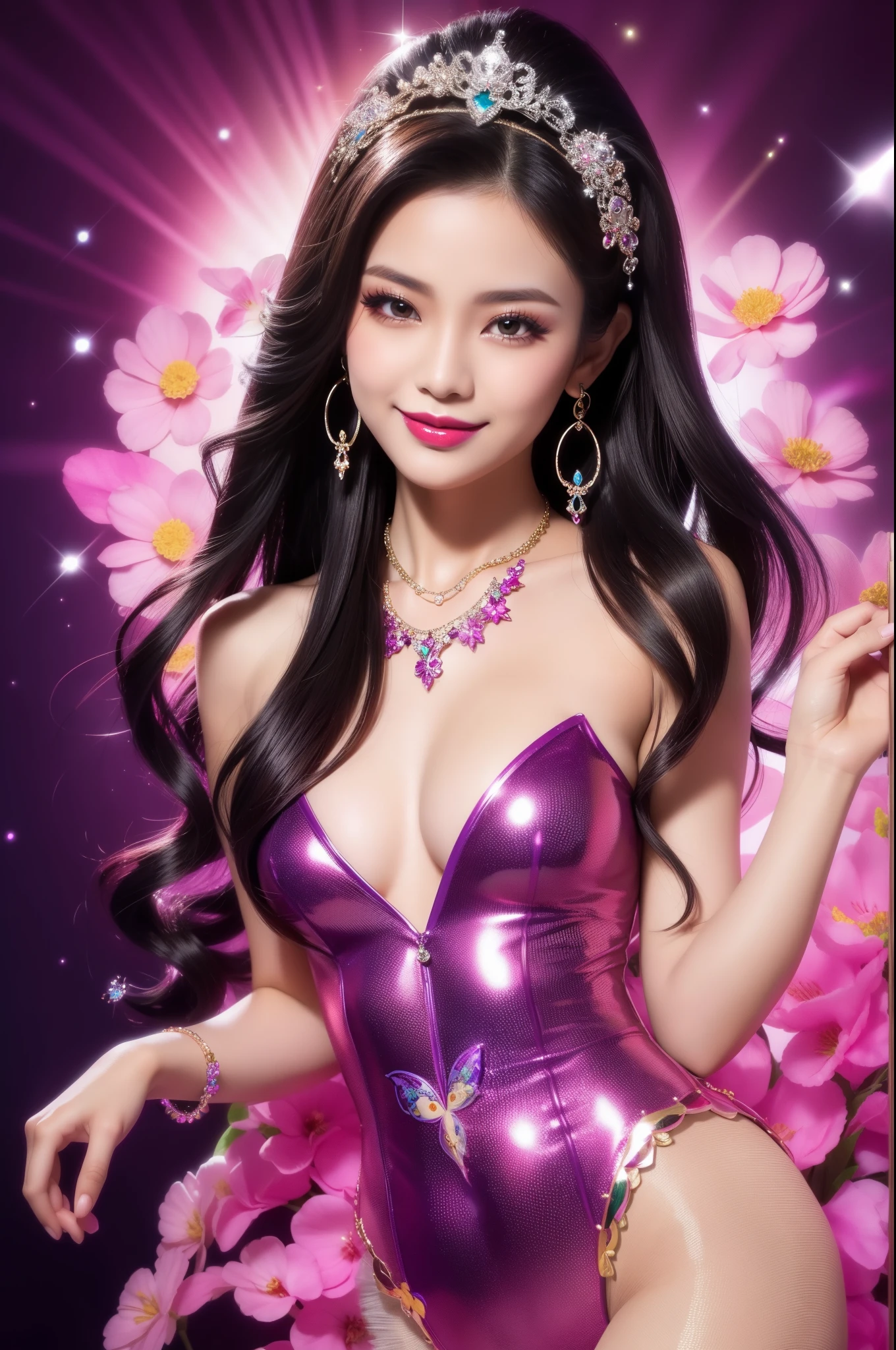 sexy Thai model who controls poison、beautiful smile、lipgloss、bold lipstick、intense makeup、look at the camera、full body Esbian、、sparkling poisoned flower costume、、、、sparkling Colorful hair、secrete poison、skull hair accessories、sexy tights、shiny sparkling flowers background