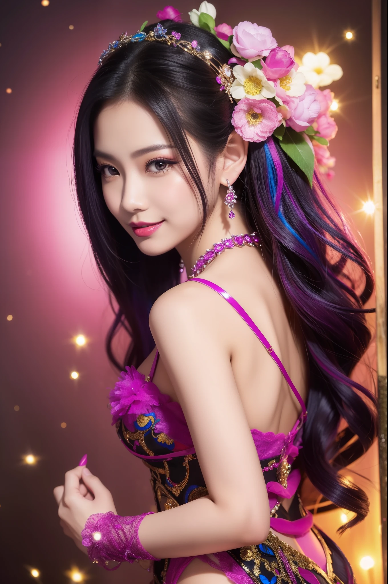 sexy Thai model who controls poison、beautiful smile、lipgloss、bold lipstick、intense makeup、look at the camera、full body Esbian、、sparkling poisoned flower costume、、、、sparkling Colorful hair、secrete poison、skull hair accessories、sexy tights、shiny sparkling flowers background