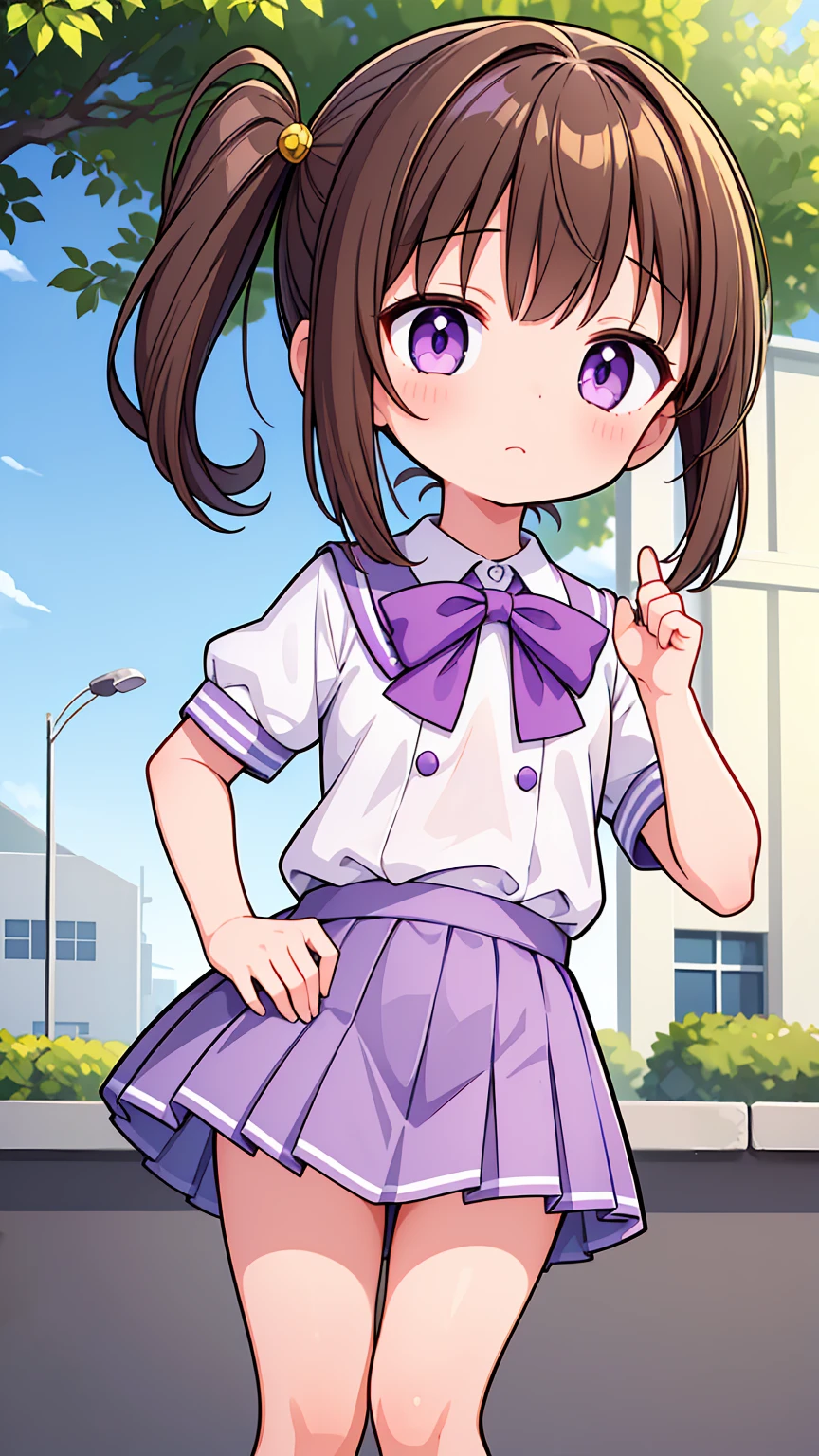 (High quality), (masterpiece), (very detailed), (loli), girl, (very small bust), short brown hair, hairstyle with a side ponytail, purple eyes, shy face, (primary school loli), showing her thighs, on the school yard, sunny, camera angle from below, adorable eyes, (primar school uniform), detailed hands, more details