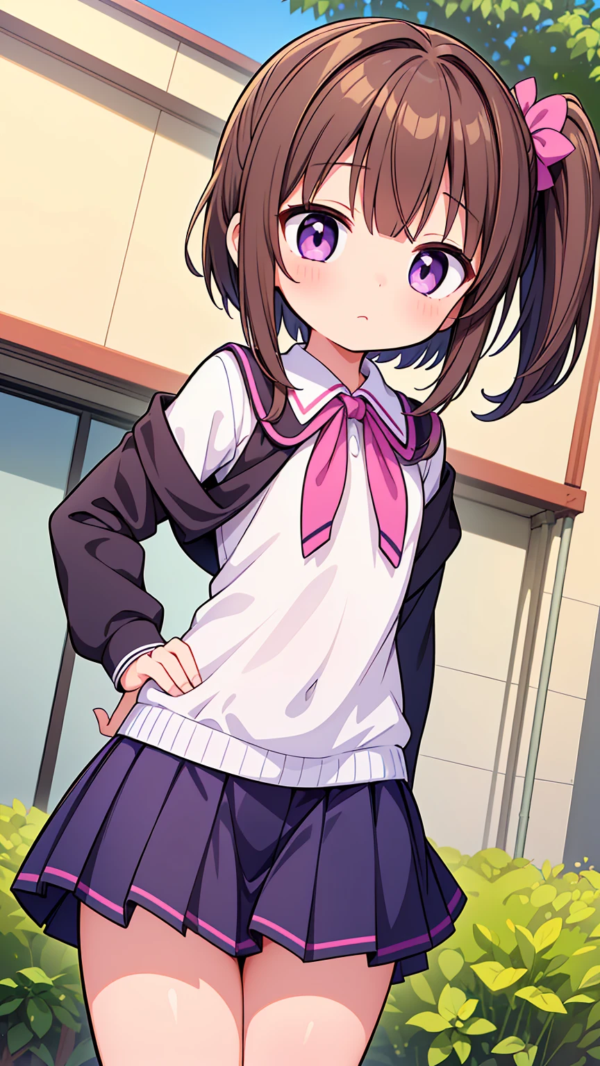 (High quality), (masterpiece), (very detailed), (loli), girl, (very small bust), short brown hair, hairstyle with a side ponytail, purple eyes, shy face, (primary school loli), showing her thighs, on the school yard, sunny, camera angle from below, adorable eyes, (primar school uniform), detailed hands, more details