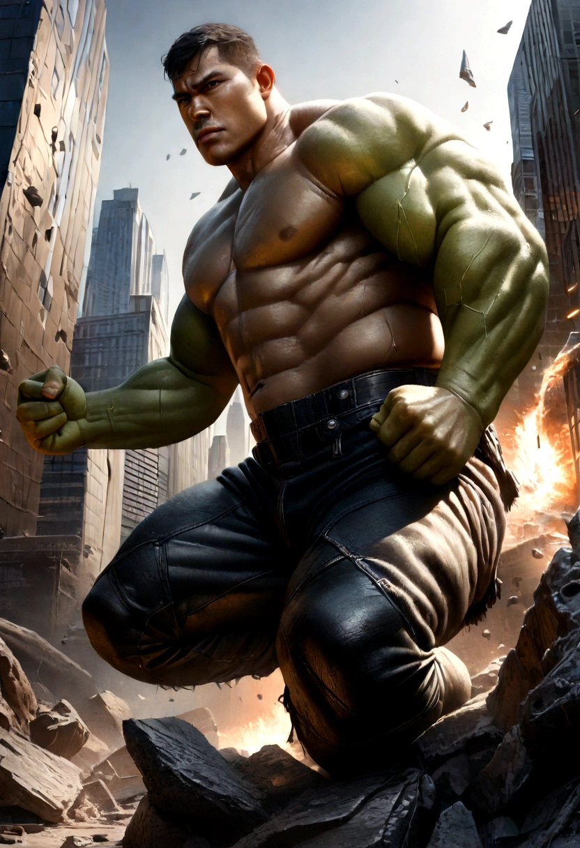 (best quality,4k,8k,highres,masterpiece:1.2),ultra-detailed,(realistic,photorealistic,photo-realistic:1.37),Hulk,Marvel comics,strong and muscular body,ripped clothing,green skin,angry expression,fists clenched,massive appearance,destructive power,Marvel superhero,Midtown Manhattan,New York City,skyscrapers in the background,dark and intense atmosphere,dramatic lighting,comics-style art,explosive action,dynamic poses,vibrant colors,shattered debris,fury and power emanating from the Hulk,emotionally charged intensity,action-packed scene,epic confrontation,sensational illustration.