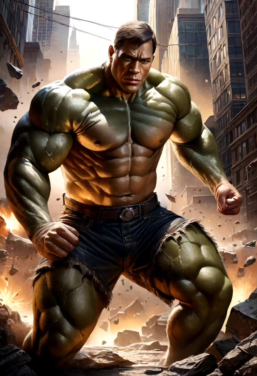 (best quality,4k,8k,highres,masterpiece:1.2),ultra-detailed,(realistic,photorealistic,photo-realistic:1.37),Hulk,Marvel comics,strong and muscular body,ripped clothing,green skin,angry expression,fists clenched,massive appearance,destructive power,Marvel superhero,Midtown Manhattan,New York City,skyscrapers in the background,dark and intense atmosphere,dramatic lighting,comics-style art,explosive action,dynamic poses,vibrant colors,shattered debris,fury and power emanating from the Hulk,emotionally charged intensity,action-packed scene,epic confrontation,sensational illustration.