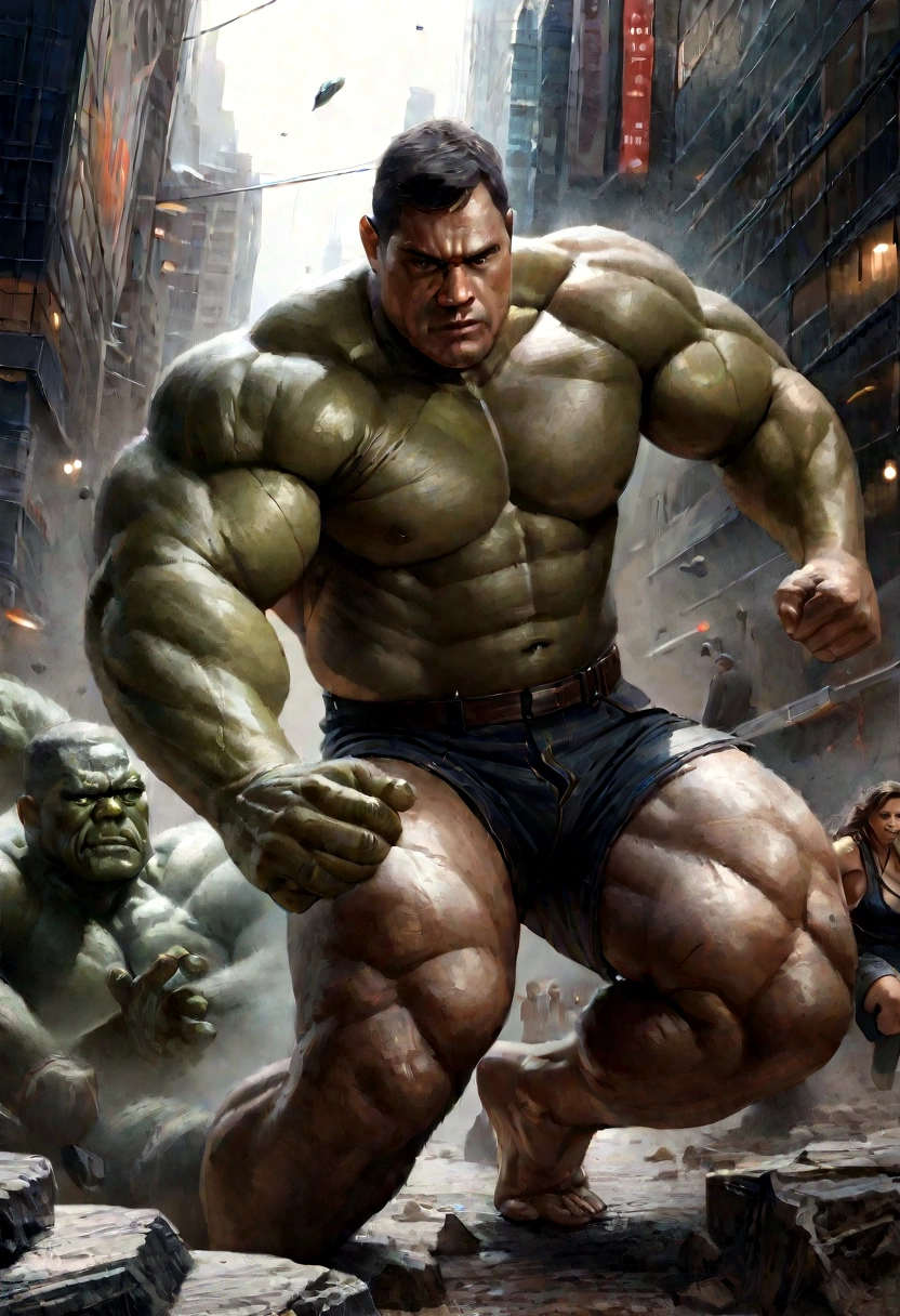 (best quality,4k,8k,highres,masterpiece:1.2),ultra-detailed,(realistic,photorealistic,photo-realistic:1.37),Hulk,Marvel comics,strong and muscular body,ripped clothing,green skin,angry expression,fists clenched,massive appearance,destructive power,Marvel superhero,Midtown Manhattan,New York City,skyscrapers in the background,dark and intense atmosphere,dramatic lighting,comics-style art,explosive action,dynamic poses,vibrant colors,shattered debris,fury and power emanating from the Hulk,emotionally charged intensity,action-packed scene,epic confrontation,sensational illustration.