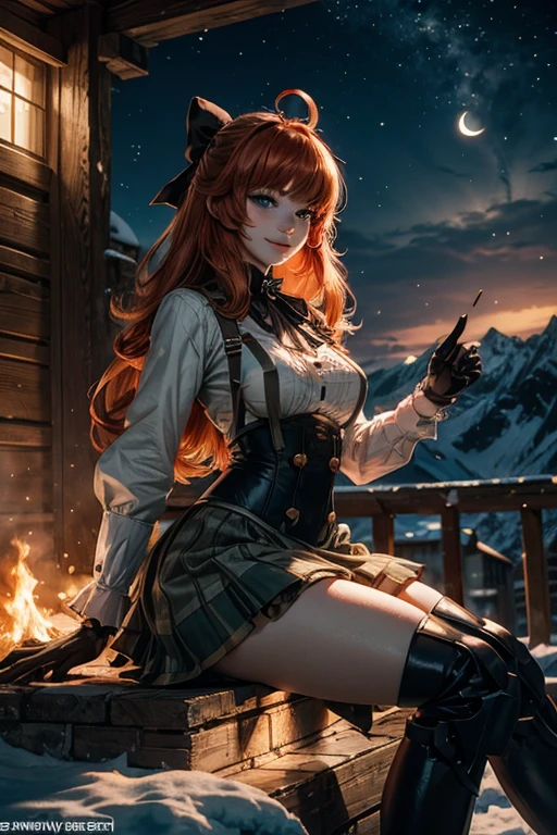 cowboy shot, (dynamic pose), smile,  underbust, Penny Polendina, long red hair, neck ribbon, suspender skirt, corset, black bow, white blouse, mechanical legs, neon trim, sitting, near ski lodge, BREAK night, stars, moon, snow, BREAK mountains in background, waterfall, crowd, ((crowd in military uniform)), bonfires (volumetric lighting), intricate details, tonemapping, sharp focus, hyper detailed

