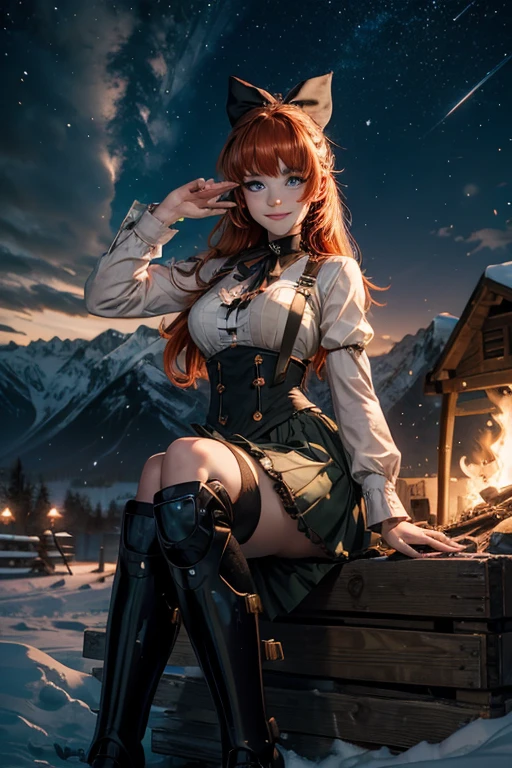 cowboy shot, (dynamic pose), smile,  underbust, Penny Polendina, long red hair, neck ribbon, suspender skirt, corset, black bow, white blouse, mechanical legs, neon trim, sitting, near ski lodge, BREAK night, stars, moon, snow, BREAK mountains in background, waterfall, crowd, ((crowd in military uniform)), bonfires (volumetric lighting), intricate details, tonemapping, sharp focus, hyper detailed

