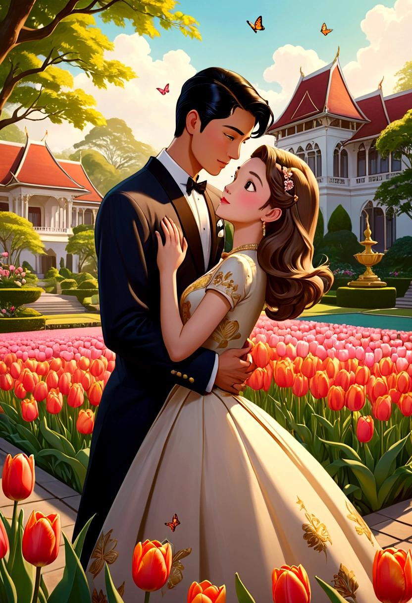 Name "The Loyal Pin" in an elegant gold colored 3D font. A captivating and sweet realistic anime-style illustration of two beautiful young women, Sarocha Chankimha (Lady Pin) and Rebeca P. Armstrong (Princess Anil), in love. Sarocha, with Asian features, long black hair and high society attire, is hugged with her forehead pressed to that of Rebeca, with British features, light brown hair and a 1950s princess dress. Together, they exude warmth and passion and love. deep. The background features a picturesque garden of a modern 1950s Thai style mansion palace, full of vibrant tulips, fluttering butterflies and hearts floating in the air, creating a romantic and charming atmosphere.