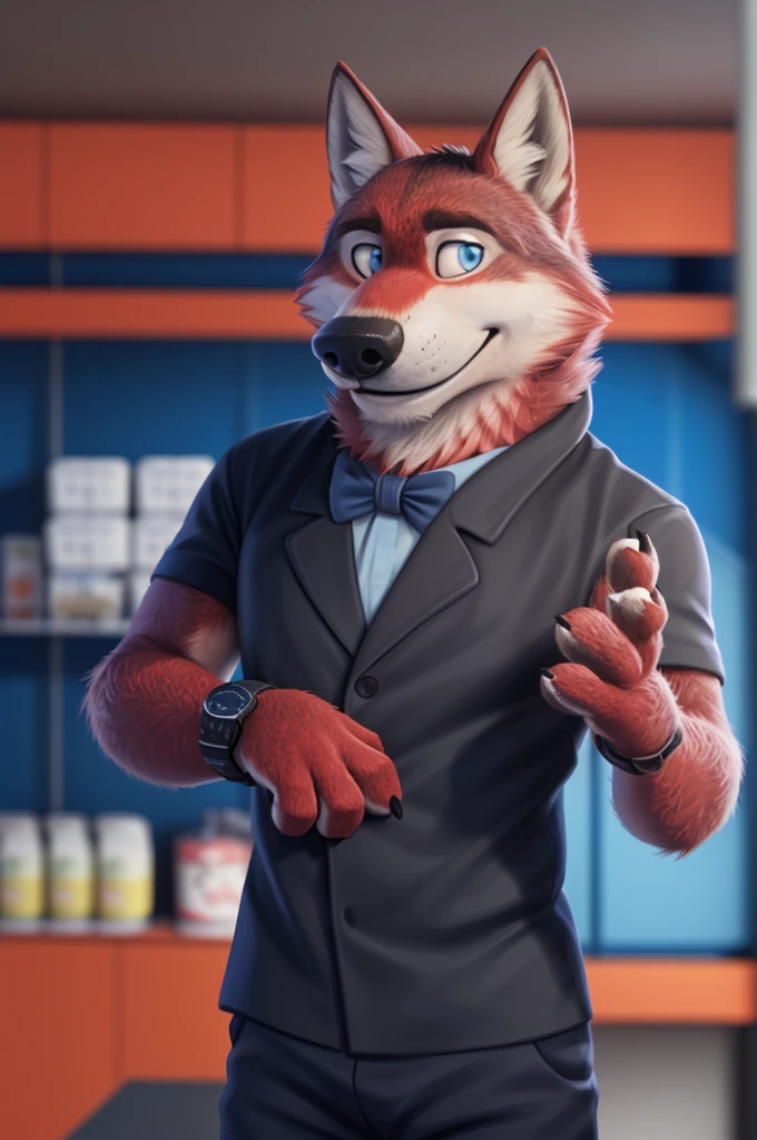 Ivan Fedorovich Wolfbach (Novosibirsk) ,tall handsome, wolf,young, 24 years, brown fur,Kind,(red body:1.3),beautiful blue eyes,Novosibirsk,dressed,black shirt, white blue and black striped bow tie, trousers,canine, wolf, detailed fur, male, antro, paw pads, finger claws,At the viewer, 5 fingers, paws, 5 fingers, smile, wrist watch, т nextel,by xenoforge, (difficult, high detail, digital photography, soft focus, RAW variety театр,Very close to the camera, variety,Novosibirsk, smile, good mood, positive, Very close to the camera,black shirt белый галстук бабочка, viewers love him, 
Photorealism, realistic, photorealistic, digital style, Subsurface scattering,I look at the viewer, in the shop, chooses flowers for mom, 
masterpiece, Best quality, ultra realistic, 8 k)
