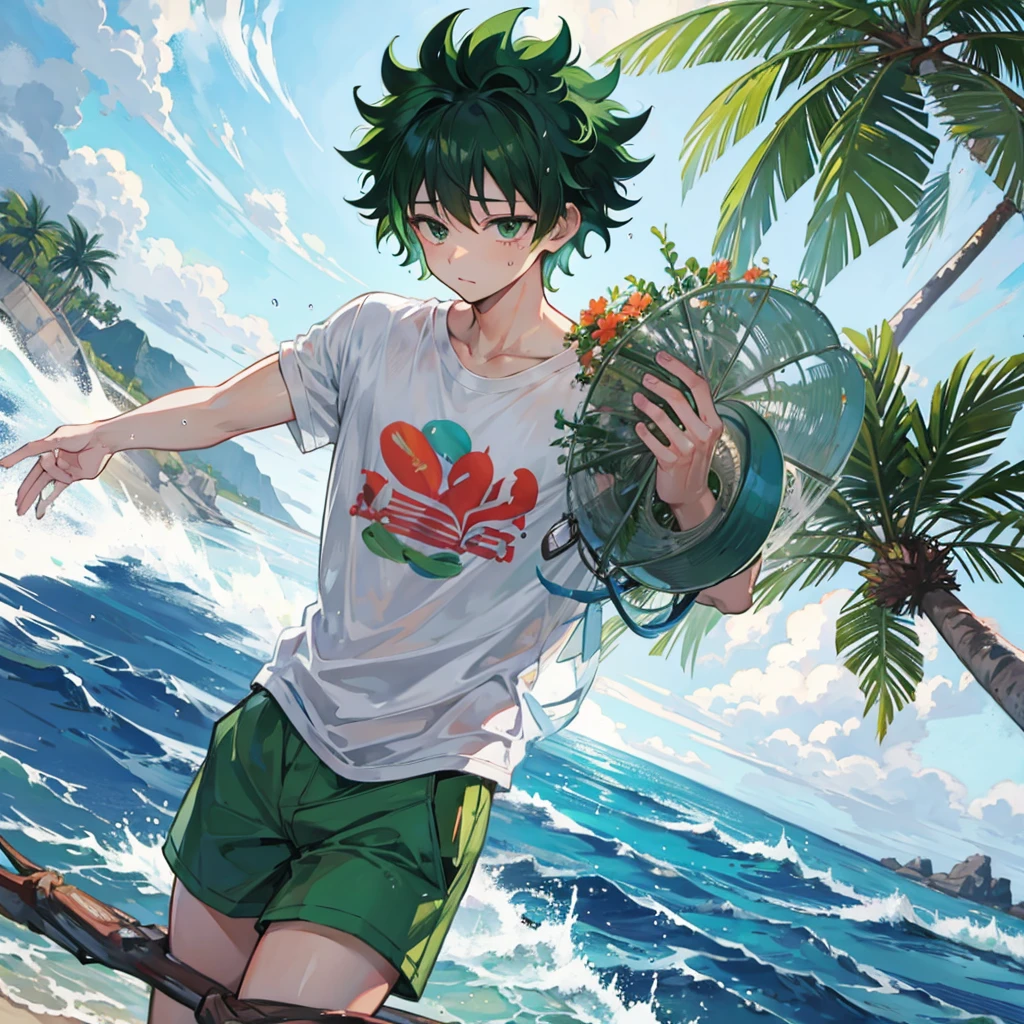 Izuku clinging to a palm tree while there is strong wind and rain