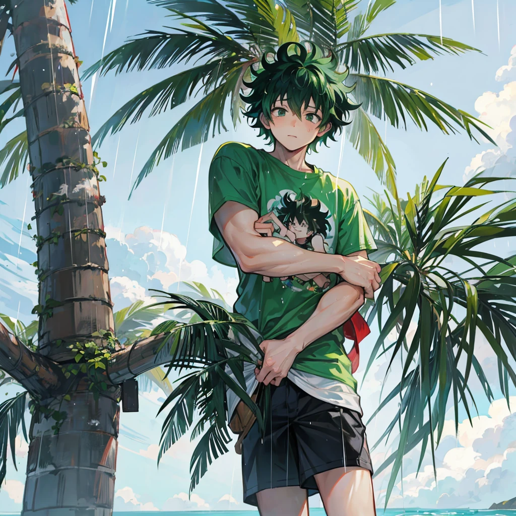 Izuku clinging to a palm tree while there is strong wind and rain