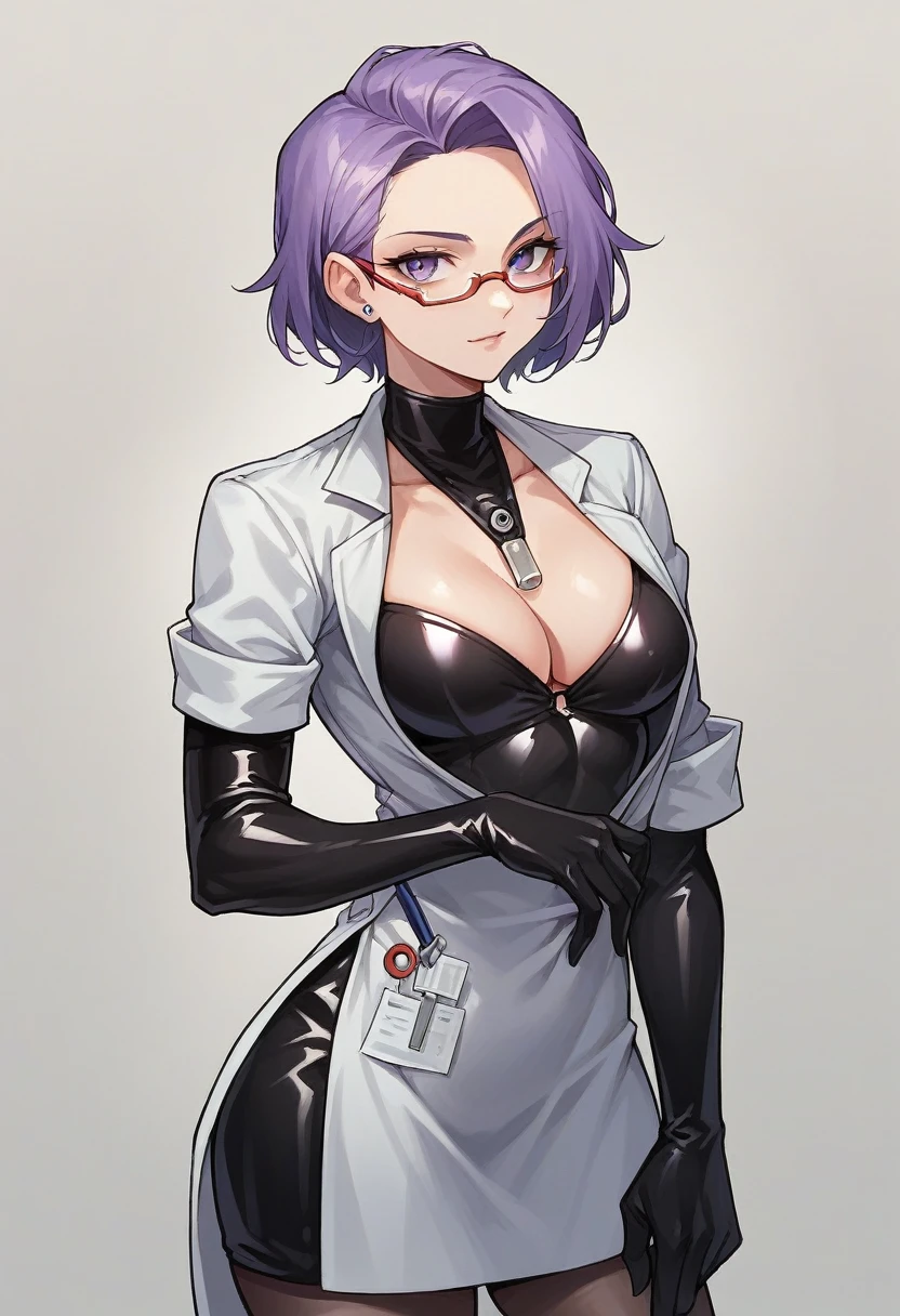 1girl, ((black elbow gloves)), ((surgical gloves)), ((latex gloves)), ((long sleeves)) ((purple surgeon outfit)), looking at viewer, ((doctor)), standing, solo