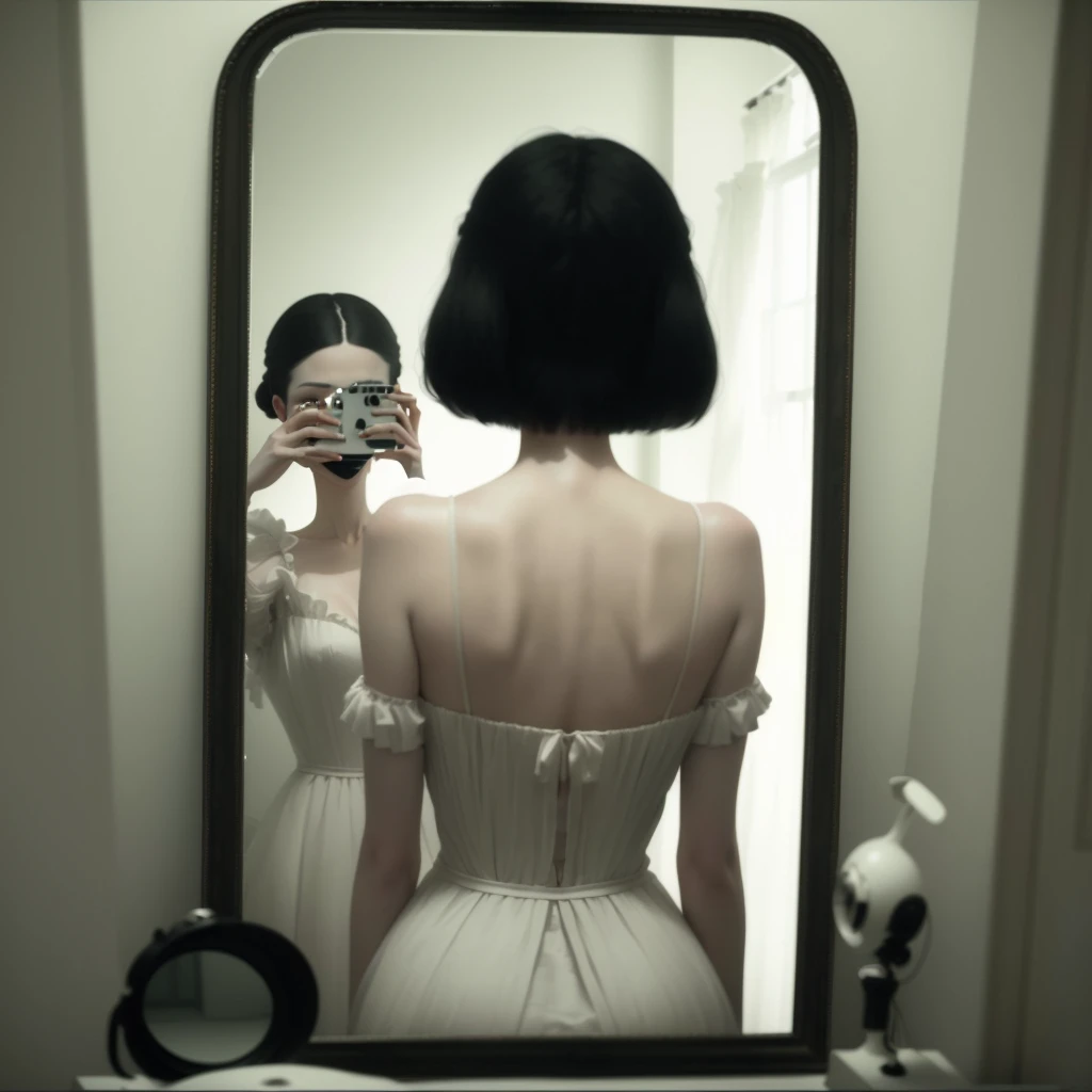 there is a woman taking a picture of herself in a mirror, inspired by Ray Caesar, looking in the mirror, looking in a mirror, looking into a mirror, looking in mirror, inspired by Vanessa Beecroft, with a mirror, earley, erwin olaf, view from behind mirror, standing in front of a mirror, porcelain skin. studio ghibli