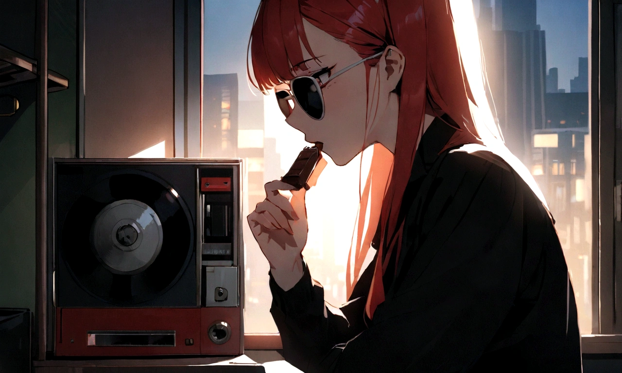 Beautiful redhead Asian girl sitting in a diner at night, Visible from the window, Perfect Face, sunglasses, Eating a bar of chocolate, Neon Black, (Backlight: 1.1), Hard Shadows, masterpiece, Highest quality, Complex, Model shooting style, Vintage, Film Grain, Incomplete Detail Drive,City Pop,cassette tape,record,1980年City Popの雰囲気,PC work