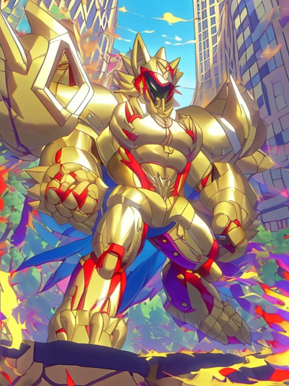 (masterpiece. official art. 8k. best quality. detailed full body. full body.)

(situation 1 : dominating The Phoenix Wolf. The Phoenix Wolf is over 1000 meters long. focus GIANT mechanical Muscular The Phoenix Wolf is trampling the car. Looking down.)

(situation 2 :smoke and flames rising from the destruction in the city)

(Additional details 1: Wearing golden Armor. Cape. Helmet. real texture material. whole body shines like metal. emphasizes the muscles. suit fully made of metal.Robotic suit).

(Additional details 1.5: The arms are golden. The lower half of the body is golden. The wolf-shaped helmet has sharp fangs. The whole body is golden. There is a ring above the head. It has rainbow-colored wings.).

(Additional details 2: Detailed head. Detailed Body. Detailed abs. gigantic muscles. HYPER MUSCLES. Gigachad Muscular. big muscle. pecs. triceps. traps. unusually developed muscular body. body full of huge muscles. showing off muscles. pectorales enormes. Exaggeratedly huge muscles. huge muscles. long legs.).

(Additional details 3:Spread wings. It has wings. The claws are sharp. Sharp teeth.). He is laughing defiantly. The claws are sharp. Sharp teeth.). 

(Additional details 3.5 : nj5furry,  He is laughing defiantly. medieval armor.). (Additional details 4: golden hyper penis. hyper golden penis. big penis)