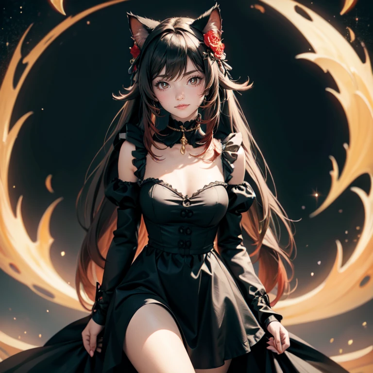 1girl, black maid dress, jewelry, brown hair, flowing hair, long hair, twintails, black maid dress with a short skirt and layers, gold laces, black boots, black dress with transparency, golden details on her clothes, hat, cat ears, animal ears, more details, perfectly body, perfectly hands, two hands, two legs, two arms, five fingers, glowing hair, best quality, hat, cat ears, tail ornament, tail bow, black gloves, two cat tail, black gloves, alone, maid headdress, choker, detached sleeves, maid dress, maid black dress, masterpiece, best quality, detailed face, night, asymmetrical gloves, bangs, black short skirt , earrings, elbow gloves, fishnet thigh highs, fish masterpiece, solo, best quality, detailed face, gloves, hair between eyes, jewelry, looking at viewer, single , uneven gloves, solo, alone, Looking at the viewer, More details on the clothes, red roses on her hair, space scenery, maid, maid dress, red details, red roses, maid headdress, maid apron, wave hair, seat on the Saturn rings, more details on her clothes, golden details on her clothes, space, smiling, standing her hand to a viewer, looking at the viewer, in the background a several asteroids glowing with fiery auras, Dramatic lighting from distant stars and planets illuminates the scene, looking at the vast and mysterious universe, cowboy shot, upper body portrait, more details, sparkle,