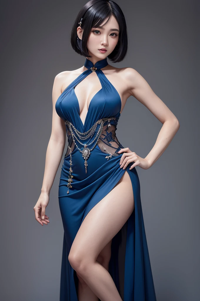 absurderes, CRU photo, extremely delicate and beautiful, work of art, best qualityer, ultra high resolution, 32k, hyper realist, ultra detali, in her early 20s, Delicate facial features, beautiful detailed girl, extremely detailed eye and face, beautiful detailed eyes, crying mole, 耳环, medium breasts, full body shot shot, shorter medium hair, Bblack hair, Fantasia Jiangshi, ha, blue dress,