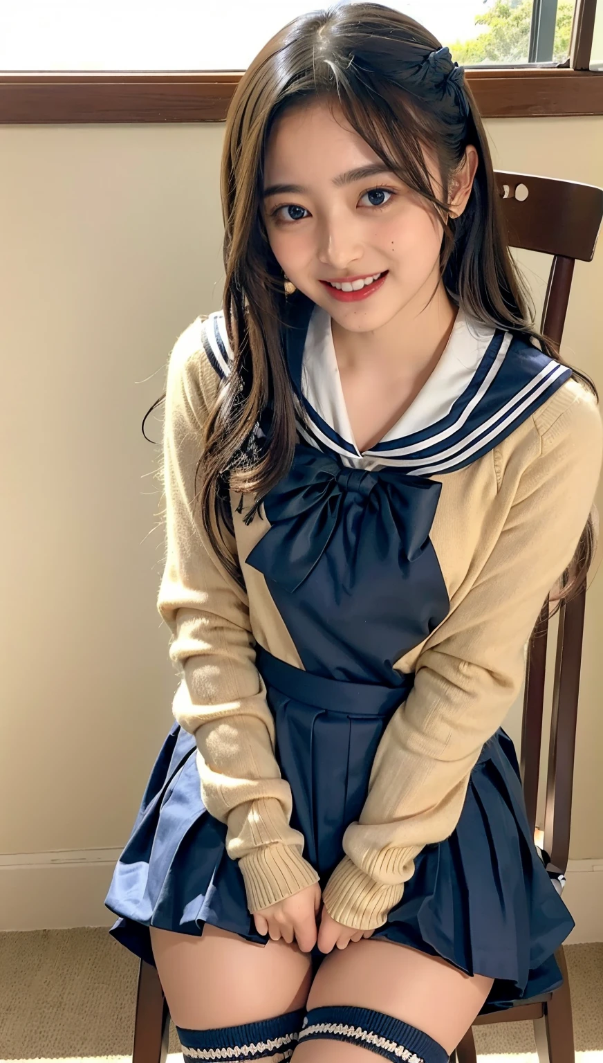 ((highest quality、8k、masterpiece:1.3)),((((cowboy shot)))),Ultra-high resolution,big eyes,Japanese,bangs,(a girl),(1 girl),((20 years old)),((facing at viewer)),(long hair),(((black sailor uniform))),grin,((sitting on chair)),(pleated mini skirt),(((pussy))),((pubic hair)),((skirt lift)),((short crew socks))