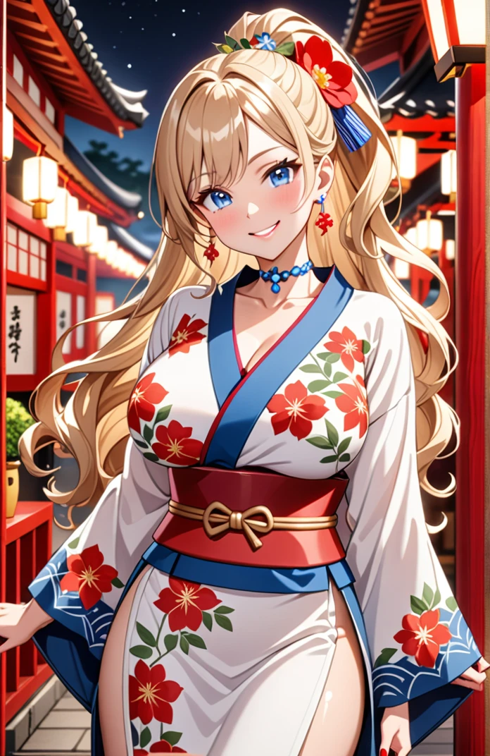 ((one girl)), hyper detailed, absurdres, 8K,Cute face, Beautiful Face, (Laugh shyly), ((teasing smile:1.8)), ((Wink:1.8)), (Laugh with your mouth wide open),(Tilt your head:1.3),  View your viewers, ((Bright red cheeks:1.6)),Glossy Red Lips, ((Big Breasts:1.5)) night, Shrine festival stalls, (Brighten your face), ((Anime style background)),masterpiece, Highest quality, so beautiful,Latest, Complex details, (Pink long nails), (nail art), (ring),(bracelet), (Floral Choker),AI-generated, Complex,High resolution, Highest quality, super high quality,3D Images、3D Images,One person,Blonde long hair,(High Ponytail), (Wavy Hair), Anime woman posing for a photo, ((beautiful eyes)), ((Fine grain、blue eyes、Shining Eyes:1.6)), (Squint your eyes:1.1),a hyperRealistic , hyperRealistic , Realistic,Long blonde anime woman, Smooth anime CG art, Pink large floral patternの刺繍が入った、A girl in a gorgeous kimono, ((White long-sleeved kimono)),(Pink large floral pattern) ,Long flower hair ornament,Floral Earrings,Mature Body, expensive,Abdominal muscles,Tight waist,((Zoom in on face:2.1)), (front view),