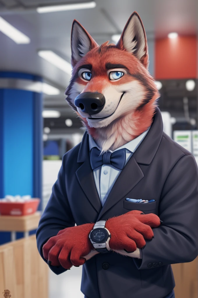 Ivan Fedorovich Wolfbach (Novosibirsk) ,tall handsome, wolf,young, 24 years, brown fur,Kind,(red body:1.3),beautiful blue eyes,Novosibirsk,dressed,white jacket, black shirt, white blue and black striped bow tie, trousers,canine, wolf, detailed fur, male, antro, paw pads, finger claws,At the viewer, 5 fingers, paws, 5 fingers, smile, wrist watch, т nextel,by xenoforge, (difficult, high detail, digital photography, soft focus, RAW variety театр,Very close to the camera, variety,Novosibirsk, smile, good mood, positive, Very close to the camera,black shirt белый галстук бабочка, viewers love him,
Photorealism, realistic, photorealistic, digital style, Subsurface scattering,I look at the viewer, in the shop, chooses flowers for mom,
masterpiece, Best quality, ultra realistic, 8 k)