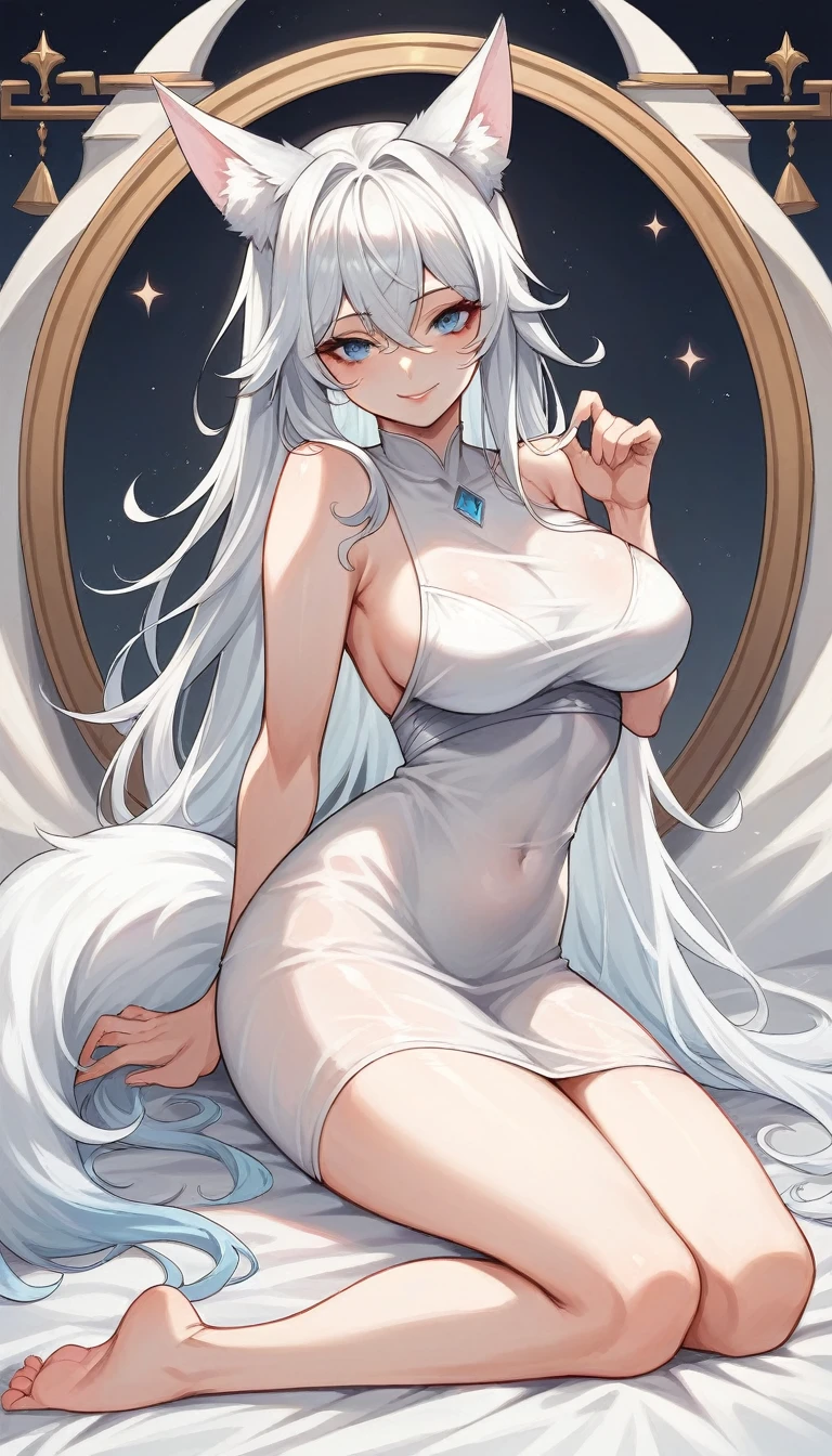 high detail, super detail, super high resolution, high quality. Extremely sexy and beautiful girl, with a beautiful face, wide and beautiful lips, lascivious smile, White skin, blue eyes, curvy body, beautiful feet and thighs, long white hair, white fox ears and fox tail, short dress, transparent dress, shows a lot of skin, It&#39;s low-cut. sitting, showing legs, completely open legs, showing feet. barefoot, feet on camera, big breasts, correct pie anatomy, foot anatomy, sexy pie, pies, Detailed feet, correct pie anatomy, detailed thighs, detailed curves, detailed breasts and body. very wet, wet clothes, clothing fabric marking your body more.